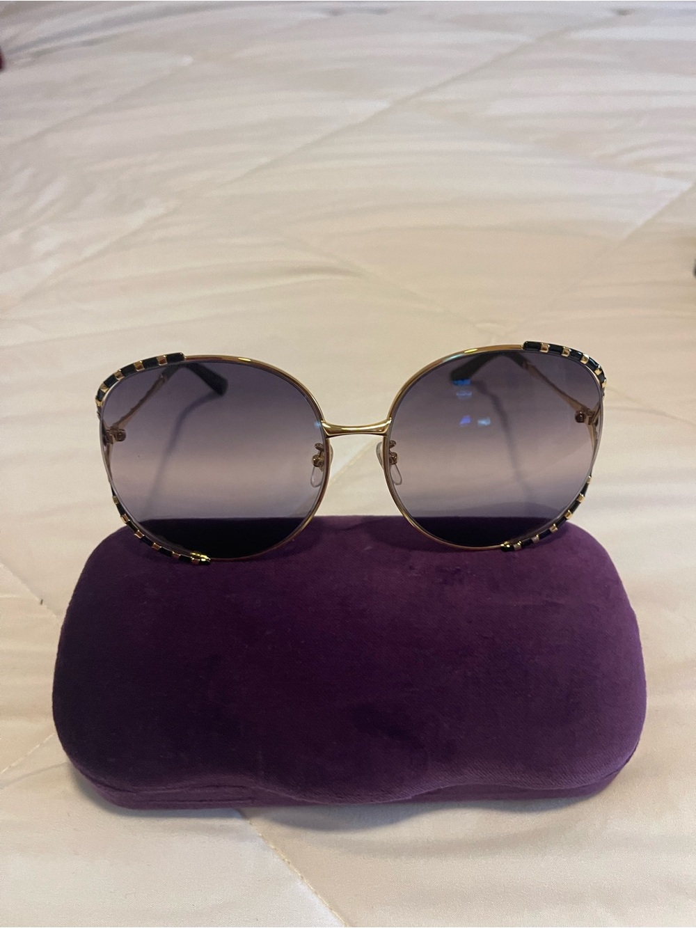 Gucci Gold Frame Sunglasses with Gradient Purple-Gray Lenses
